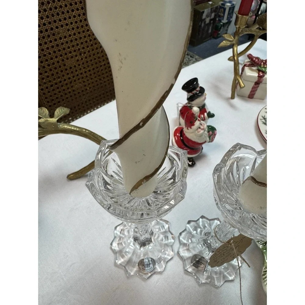 Gorham 24% Lead Crystal Candlesticks  Pair‎ + Ivory Gold Spiral Taper Candles